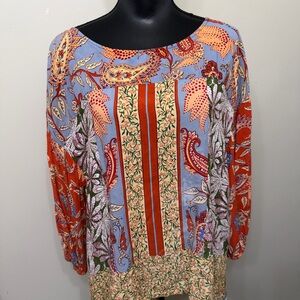 Anthropologie Women Bohemian Paisley Patchwork 3/4 Sleeve Orange Lavender Top S